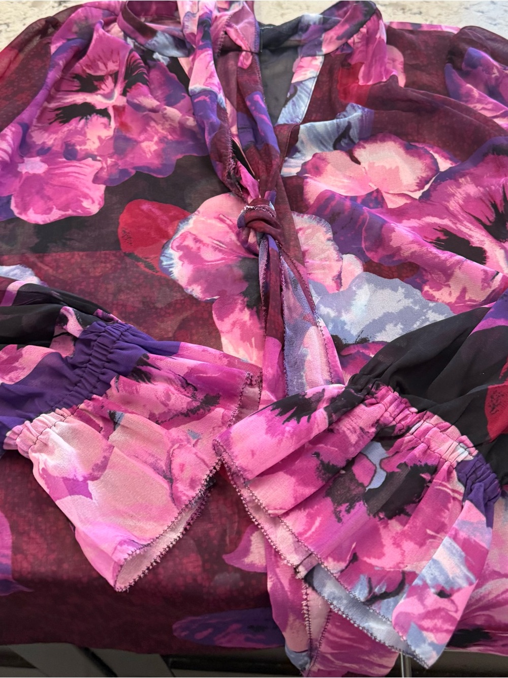 White House Black Market Purple Floral Tie-Neck Blouse - Picture 8 of 8
